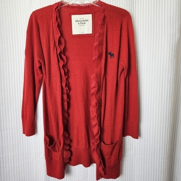 Abercrombie & Fitch Red Ruffle Frill Cardigan Size Large Pockets - Picture 6 of 6